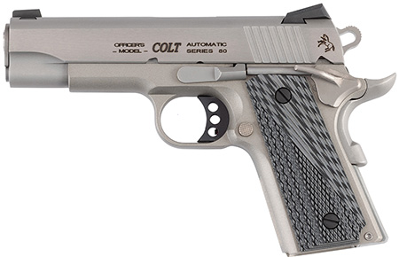 [098289113580] Colt Mfg O9840XE Officer Lightweight 45 ACP 7+1 4.25" Stainless Steel Barrel, Stainless Cerakote Stainless Steel Serrated Slide, Stainless Cerakote Aluminum Frame w/Beavertail, Black/Gray G10 Grip