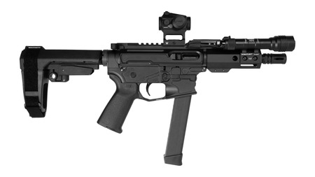 [810188100672] Shark Coast Tactical MNPCC00672 Midnight Bundle 9mm Luger 30+1 5" Threaded Barrel, Aluminum Receiver w/Picatinny Rail. M-LOK Handguard, Polymer SB Tactical SBA3 Brace, Vortex Crossfire Red Dot, Stream