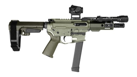 [810188105752] Shark Coast Tactical SCC05752GK9B Grassy Knoll Bundle 9mm Luger 30+1 5" Threaded Barrel, Aluminum Receiver w/Picatinny Rail, M-LOK Handguard, Polymer SB Tactical SBA3 Brace, Streamlight ProTac Rail Li
