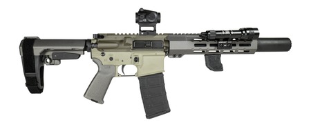 [810188105295] Shark Coast Tactical SCCSNKYSD556002 Sneeky Pete Deluxe 5.56 NATO 30+1 7.50" Threaded Barrel Aluminum Receiver w/Picatinny Rail, M-LOK Handguard, Polymer SB Tactical SBA3 Brace, Vortex Crossfire Red D