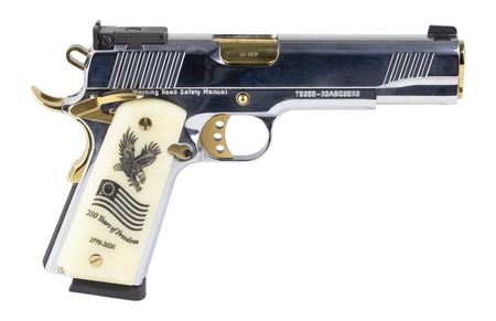 [741566908262] Girsan 391096 MC1911 USA 250th 45 ACP 8+1 5" Polished Chrome Stainless Steel Serrated Slide  &  Frame w/Beavertail, Eagle w/Flag Grip
