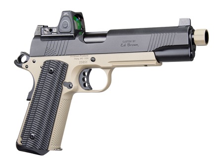 [800732701288] Ed Brown SFSOCM SOCOM Gen4 45 ACP 8+1 5" Black Nitride Threaded Barrel, Black Gen4 Serrated w/Optic Slide, Flat Dark Earth Steel Frame w/Accessory Rail, VZ Alien Grip, Trijicon RMR 3.25 MOA Red Dot Si