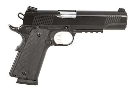 [711500175555] Tisas Arms 10100531 1911 Duty 9mm Luger 9+1 5" Stainless Barrel, Black Cerakote Carbon Steel Serrated Slide  &  Frame w/Picatinny Rail, Black Rubber Grip