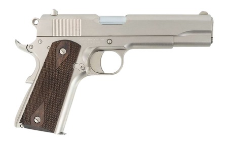 [711500175340] Tisas Arms 10100562 1911 A1 Stakeout 9mm Luger 38 Super 5" Stainless Steel Barrel, Nickel Carbon Steel Serrated Slide  &  Frame w/Beavertail, Walnut Grip