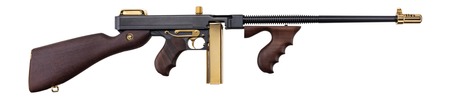 [602686423137] Auto-Ordnance T1ABTG 1927A-1 Deluxe Special Edition Carbine 45 ACP 20+1 18" Black Compensated Barrel, Black Steel w/Titanium Gold Appointments Receiver, American Walnut Furniture, Gold Plated Buttplat