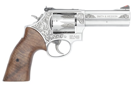 [022188905311] Smith  &  Wesson 14783 Model 686 +  L-Frame Medium 357 Mag/38 Special +P 7 Shot 4.13" Stainless Steel Engraved Barrel, Cylinder  &  Frame, Tyler Gun Works Bear Hugger Walnut Grip, Exposed Hammer