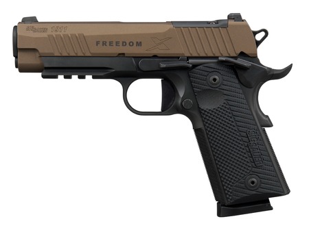 [798681746439] Sig Sauer 1911XCA45FBZXR3P 1911 XSeries Carry 45 ACP 8+1 4.20" Bronze Cerakote w/Freedom Engraving Stainless Steel Optic Ready/Serrated Slide, Matte Black DLC Stainless Steel Frame w/Beavertail  &  Pica