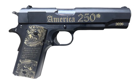 [860014933530] Tisas Arms 10100518US250 1911 America's 250th Full Size 45 ACP 7+1 5" Stainless Barrel, Black w/Gold Engraving Steel Serrated Slide, Black w/Gold Engraving Steel Frame w/Beavertail, Black w/Gold Accen