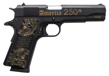 [860014933530] Tisas Arms 10100518US250 1911 America's 250th Full Size 45 ACP 7+1 5" Stainless Barrel, Black w/Gold Engraving Steel Serrated Slide, Black w/Gold Engraving Steel Frame w/Beavertail, Black w/Gold Accen