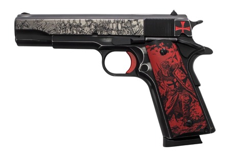 [860014933578] Tisas Arms 10100518AA2 1911 Crusader Full Size Frame 45 ACP 7+1 5" Steel Serrated Slide, Distressed Graphite Cerakote Carbon Steel Frame w/Beavertail, Multi-Color Cerakote Grip