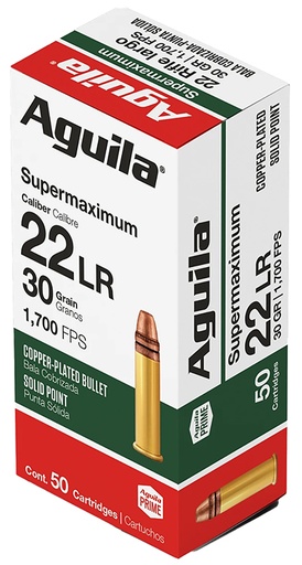 [640420001319] Aguila 1B220298 Supermaximum Rimfire 22LR 30gr Copper Plated Solid Point 50 Per Box/20 Case