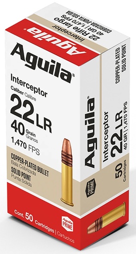 [640420001432] Aguila 1B220320 Interceptor Rimfire 22LR 40gr Copper Plated Solid Point 50 Per Box/20 Case
