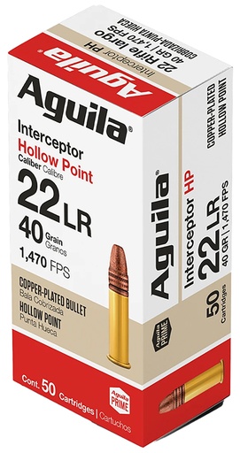 [640420001456] Aguila 1B220321 Interceptor Rimfire 22LR 40gr Copper Plated Hollow Point 50 Per Box/20 Case