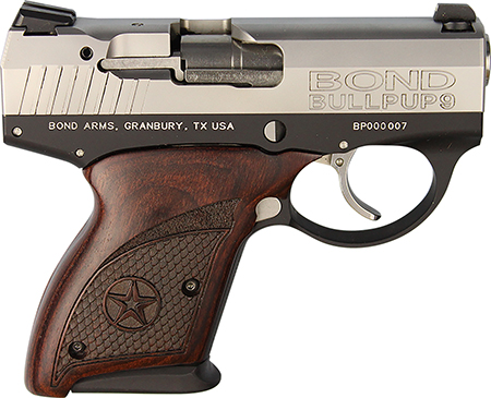 [855959000010] Bond Arms BABP BullPup9  Micro-Compact Frame 9mm Luger 7+1, 3.35" Stainless Steel Barrel, Stainless Serrated Steel Slide, Black Aluminum Frame, Engraved Rosewood Grips