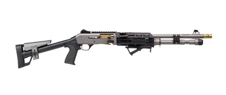 [869325001396] Panzer Arms PAM4NCSGGTMFSS M4 Pro AI 12 Gauge Semi-Auto 3" 5+1 18.50" Gray Ported Barrel, Gray w/ Gold Titanium Accents Aluminum Receiver w/Picatinny Rail, Skeleton Stock