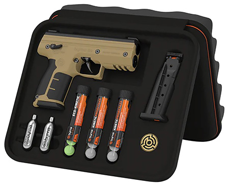 [810042110885] Byrna Technologies SK68300TANKINETIC SD Kinetic Kit CO2 .68 Cal 5rd, Tan Polymer, Black Rubber Honeycomb Grip, C02  &  15 Projectiles Included