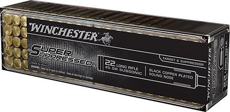 [020892104037] Winchester Ammo SUP22LR Super Suppressed  22LR 45gr Black Copper Plated Round Nose 100 Per Box/20 Case