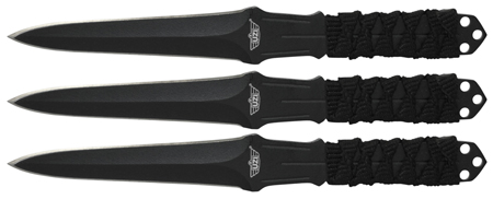 [024718926544] Uzi Accessories UZKTRW003 Throwing Knives  3" Fixed Straight Back Plain Black Stainless Steel Blade Black Nylon Cord Wrapped Handle