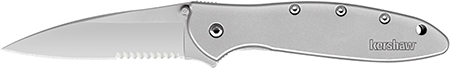 [087171166100] Kershaw 1660ST Leek  3" Folding Drop Point Part Serrated Bead Blasted 14C28N Steel Blade Bead Blasted 410 Stainless Steel Handle Includes Pocket Clip