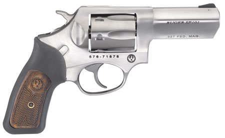 [736676057849] Ruger 5784 SP101  327 Federal Mag  3" Barrel 6rd Triple-Locking Cylinder, Satin Stainless Steel, Cushioned Rubber With Engraved Wood Insert Grip, Transfer Bar Safety