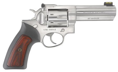 [736676017713] Ruger 1771 GP100  357 Mag 7 Shot, 4.20" Satin Stainless Steel Barrel, Satin Stainless Cylinder, Satin Stainless Steel Frame, Black Rubber w/Wood Insert Grip, Exposed Hammer