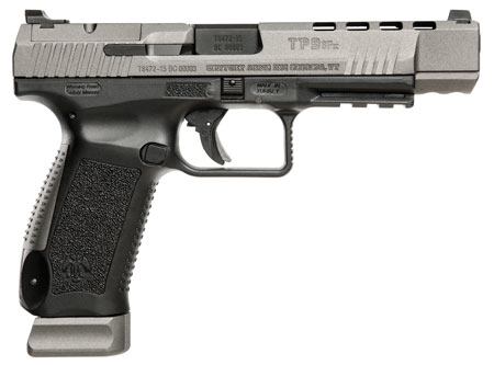 [787450382329] Canik HG3774GN TP9SFx  9mm Luger 20+1, 5.20" Black Nitride Match Grade Barrel, Tungsten Gray Cerakote Optic Ready/Serrated w/Ports Steel Slide, Black Polymer Frame w/Picatinny Rail, Ambidextrous