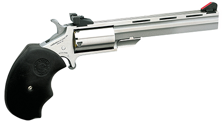 [744253000652] North American Arms MMTM Mini-Master *CA Compliant 22 WMR 5 Shot 4" Vent Rib Barrel, Overall Stainless Steel Finish, Finger Grooved Black Rubber Grip, Adjustable Sights