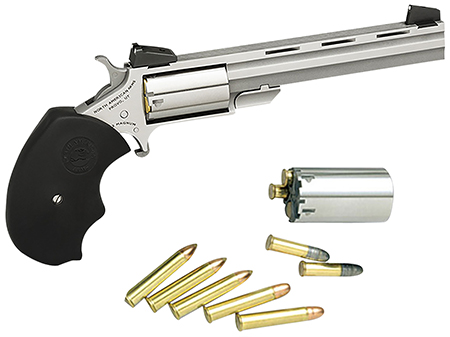 [744253000614] North American Arms MMTC Mini-Master *CA Compliant 22 LR/22 WMR 5 Shot 4" Stainless Steel Vent Rib Barrel, Stainless Steel Frame, Stainless Cylinder, Black Finger Grooved Rubber Grip, Exposed Hammer
