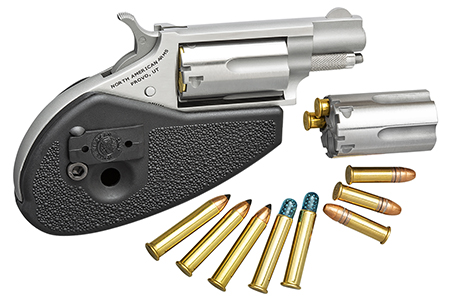 [744253000935] North American Arms 22MSCHG Mini-Revolver  22 LR/22 WMR 5 Shot 1.13" Stainless Steel Barrel, Frame  &  Cylinder, Black Synthetic Holster Grip, Exposed Hammer