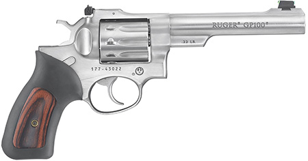 [736676017577] Ruger 1757 GP100  Medium Frame 22 LR 10rd 5.50" Satin Stainless Barrel, Frame  &  Cylinder, Black Rubber w/Wood Insert Grip, Transfer Bar Safety, Exposed Hammer