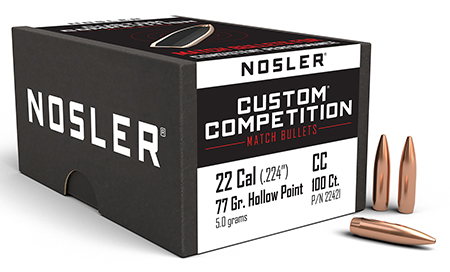 [054041224215] Nosler 22421 Custom Competition 22Cal 77gr Hollow Point Boat Tail 100/Box