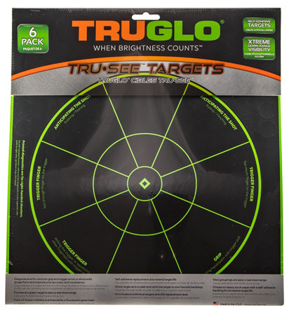 [788130025277] TruGlo TG15A6 Tru-See Handgun Diagnostic Self-Adhesive Heavy Paper Black/Green 12"x12" Bullseye 6 Pack