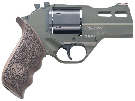 [8053800940122] Chiappa Firearms 340285 Rhino 30DS  Small Frame 357 Mag 6 Shot 3" Green Cerakote Steel Vent Rib Barrel, Blued Steel Cylinder, Green Cerakote Aluminum Frame, Walnut Grip, Concealed Hammer