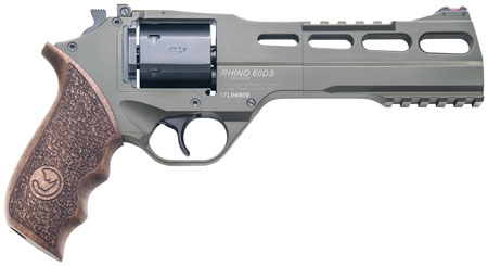 [8053800940047] Chiappa Firearms 340282 Rhino 60DS Large Frame 357 Mag 6 Shot, 6" Green Cerakote Steel Vent Rib Barrel, Blued Steel Cylinder, Green Cerakote Aluminum Frame, Walnut Grip, Concealed Hammer