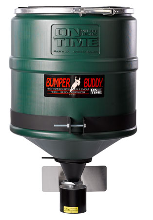 [797539220008] On Time 22000 Bumper Buddy ATV Spreader Green ABS Plastic, 20 Gallon Capacity, Heavy Duty Motor, 4-20 Feet Broadcast, Manual Cut-Off Switch, Universal Mount