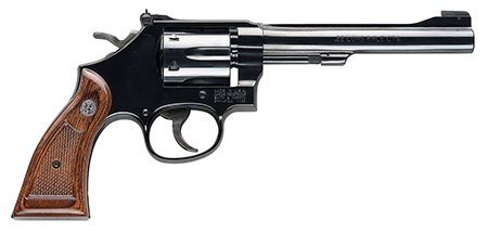 [022188138146] Smith  &  Wesson 150477 Model 17 Masterpiece *CA Compliant 22 LR Bright Blued Carbon Steel 6" Barrel, 6rd Cylinder,  &  K-Frame, Checkered Service Square Butt Grip, Classic-Styled Thumbpiece