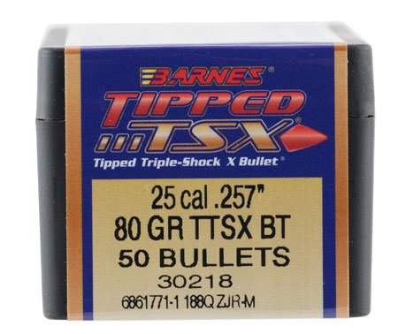 [716876257317] Barnes Bullets 30218 Tipped TSX  25Cal 80gr Boat Tail 50/Box