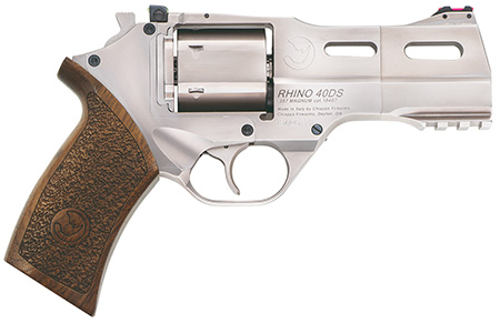 [8053670714151] Chiappa Firearms CF340245 Rhino 40SAR *CA Compliant Medium Frame 357 Mag 6 Shot, 4" Nickel-Plated Steel Barrel  &  Cylinder, Nickel-Plated Aluminum Frame w/Picatinny Rail, Walnut Grip, Concealed Hammer