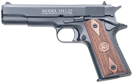[8053670712348] Chiappa Firearms 401038 1911-22  22 LR 10+1, 5" Black Steel Barrel, Blued Serrated Slide, Blued Aluminum Frame w/Beavertail, Stippled Walnut Grip, Manual Thumb Safety, Right Hand