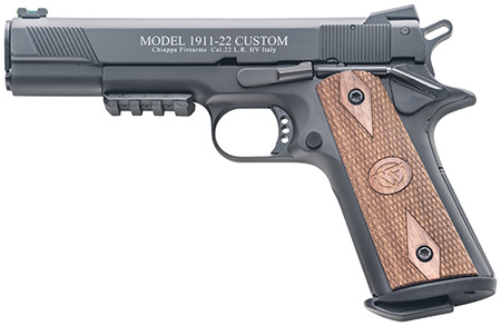 [8053670710092] Chiappa Firearms 401101 1911-22 Custom 22 LR 10+1 5" Blued Serrated Steel Slide w/Picatinny Rail  &  Beavertail Frame, Stippled Walnut Grip