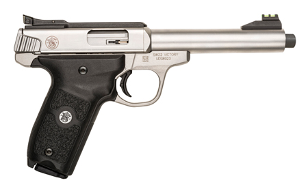 [022188868548] Smith  &  Wesson 10201 SW22 Victory Full Size Frame 22 LR 10+1, 5.50" Satin Stainless Steel Threaded Barrel, Slide  &  Frame, Black Textured Grip, Thumb Safety