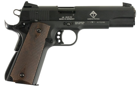 [813393011504] GSG GSG2210M1911 1911  22 LR 10+1 5" Threaded Barrel, Black Anodized Serrated Slide  &  Zinc Alloy w/Beavertail Frame, Double Diamond Walnut Grip