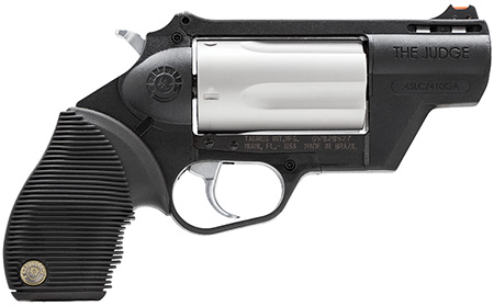 [725327608332] Taurus 2441029TCPLY Judge Public Defender 45 Colt (LC) Caliber or 2.50" 410 Gauge 5 Shot 2.50" Black Finish Barrel, Matte Stainless Finish Cylinder, Black Finish Polymer Frame  &  Black Ribber Grip