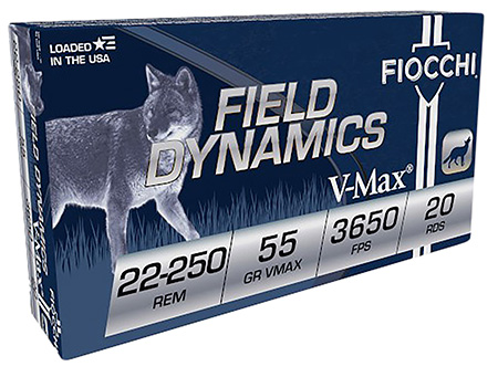 [762344707426] Fiocchi 22250HVD Field Dynamics  22-250Rem 55gr Hornady V Max 20 Per Box/10 Case